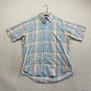 Carl Michaels Shirt Men L Pastel Blue / Pink Plaid Button Up Short Sleeve Read